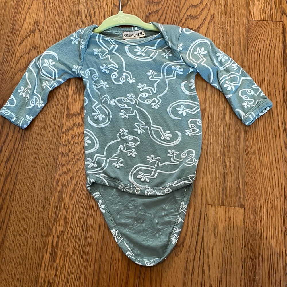 Spearmint LOVE 0-3 Month Long Sleeve Onesie, Turquoise with Chameleons